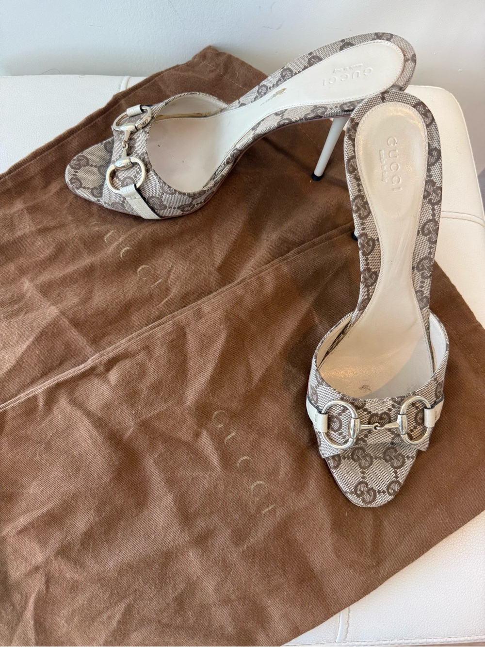 Gucci Beige Brown Monogram Horsebit Stiletto Mules